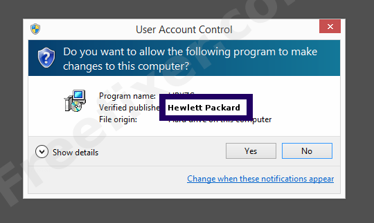 Screenshot where Hewlett Packard appears as the verified publisher in the UAC dialog
